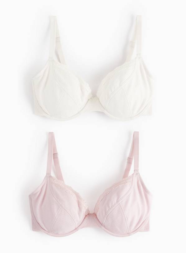 DD+ Cream & Pink Ribbed Non-Padded T-Shirt Bras 42DD